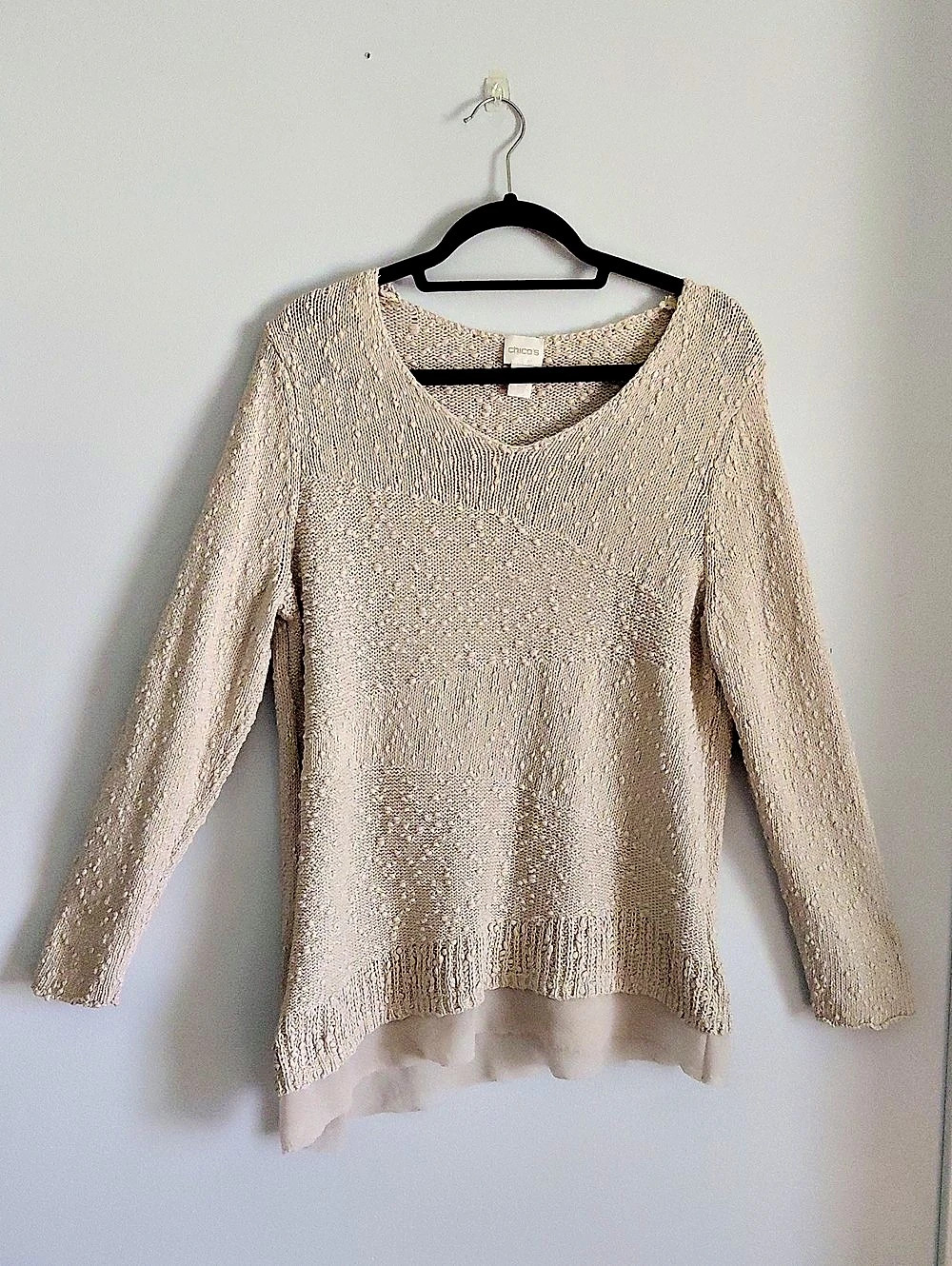 Chico's Metallic Cotton Textured Asymmetrical Knit Sweater Beige Silver Size 3
